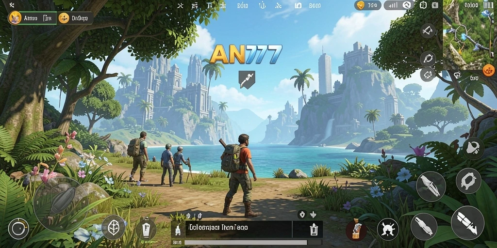 Screenshot gameplay AN777 menampilkan eksplorasi dunia terbuka yang luas.