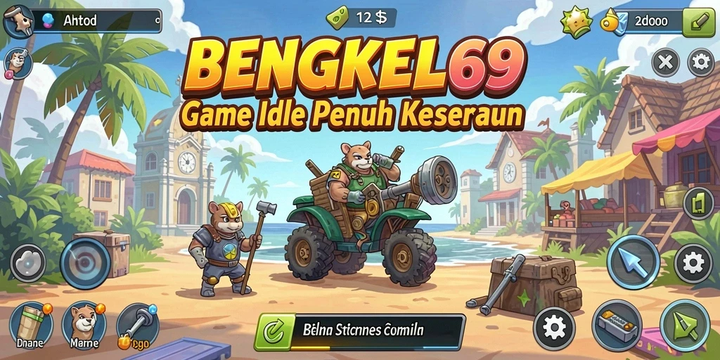 Tampilan gameplay BENGKEL69 dengan bengkel yang sedang berkembang.