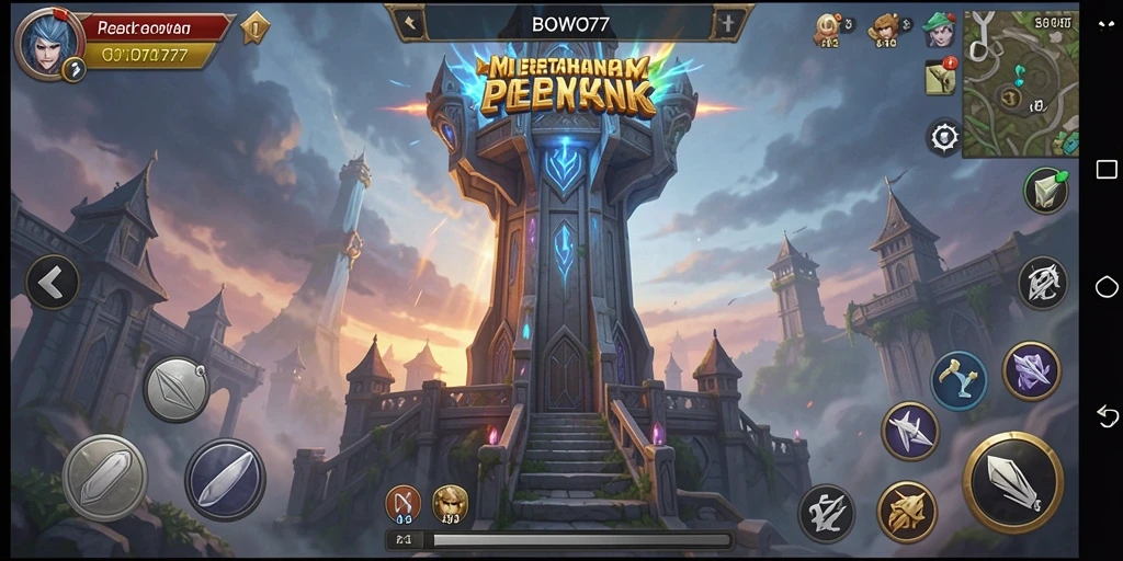 Screenshot gameplay BOWO77 menunjukkan aksi seru menara bertahan melawan gelombang musuh.