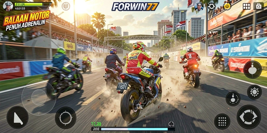 Tangkapan layar utama FORWIN77 menampilkan momen balapan yang mendebarkan.