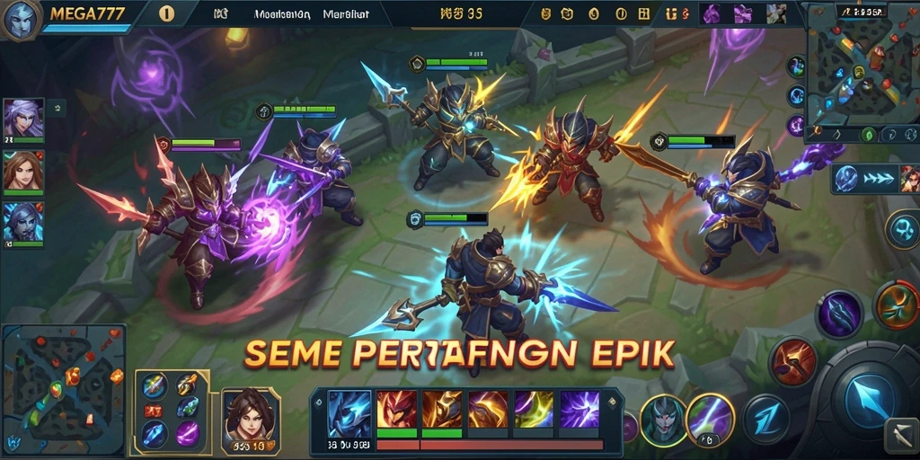 Tampilan gameplay MEGA777 dengan pertarungan tim yang spektakuler.