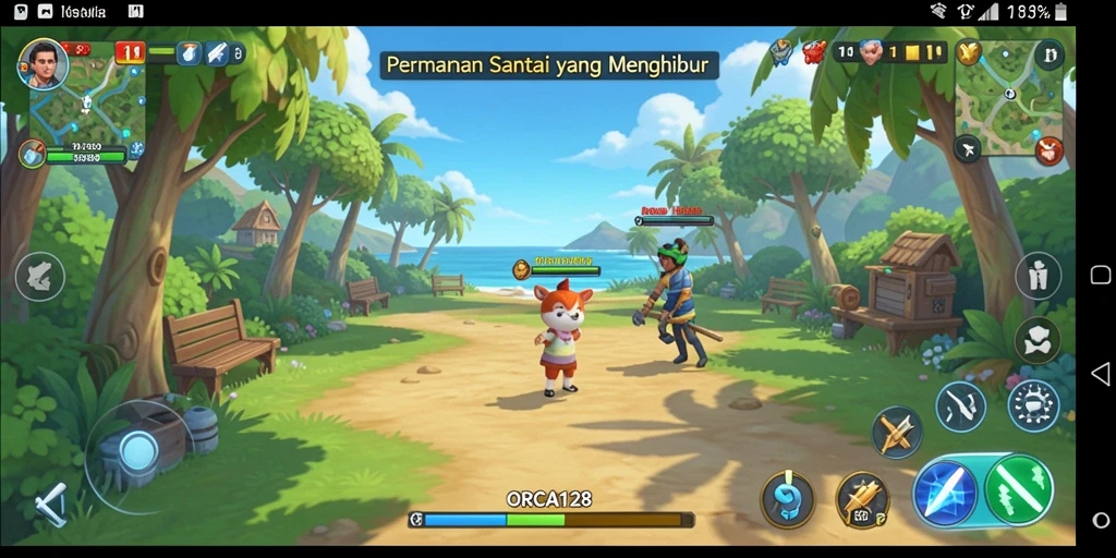 Tangkapan layar gameplay ORCA128 yang ceria dan menghibur.