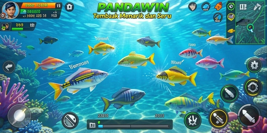 Screenshot gameplay seru dalam PANDAWIN saat menangkap ikan.