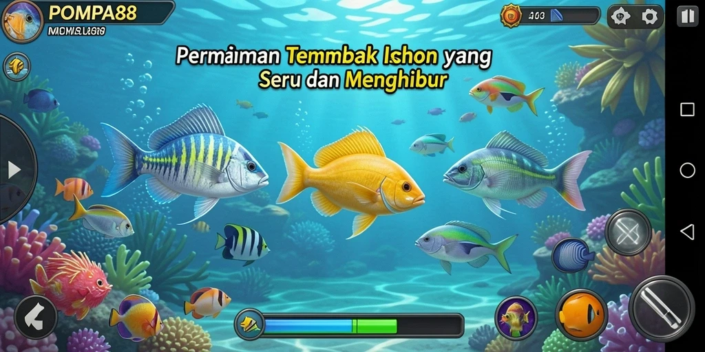 Screenshot utama POMPA88 menampilkan aksi menembak ikan yang mendebarkan.