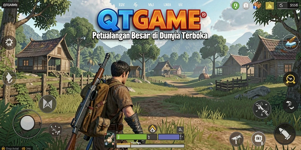 Screenshot gameplay QTGAME menampilkan keindahan dunia terbuka yang luas.