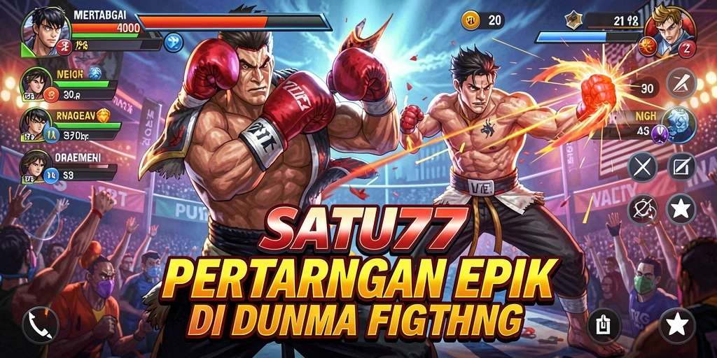 Screenshot utama SATU77 menampilkan pertarungan seru antar karakter.